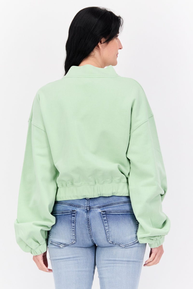 TRIBE OF 6 سويت شيرت نسائي بأكمام طويلة وياقة مزيفة بشعار العلامة التجارية، أخضر - Image 3